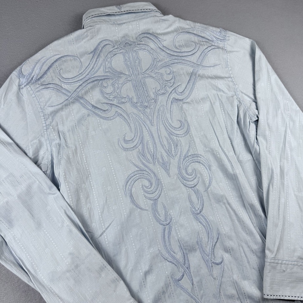 Vintage Roar Long Sleeve Button Shirt Men L Embroidered Blue Y2K Buckle Grunge